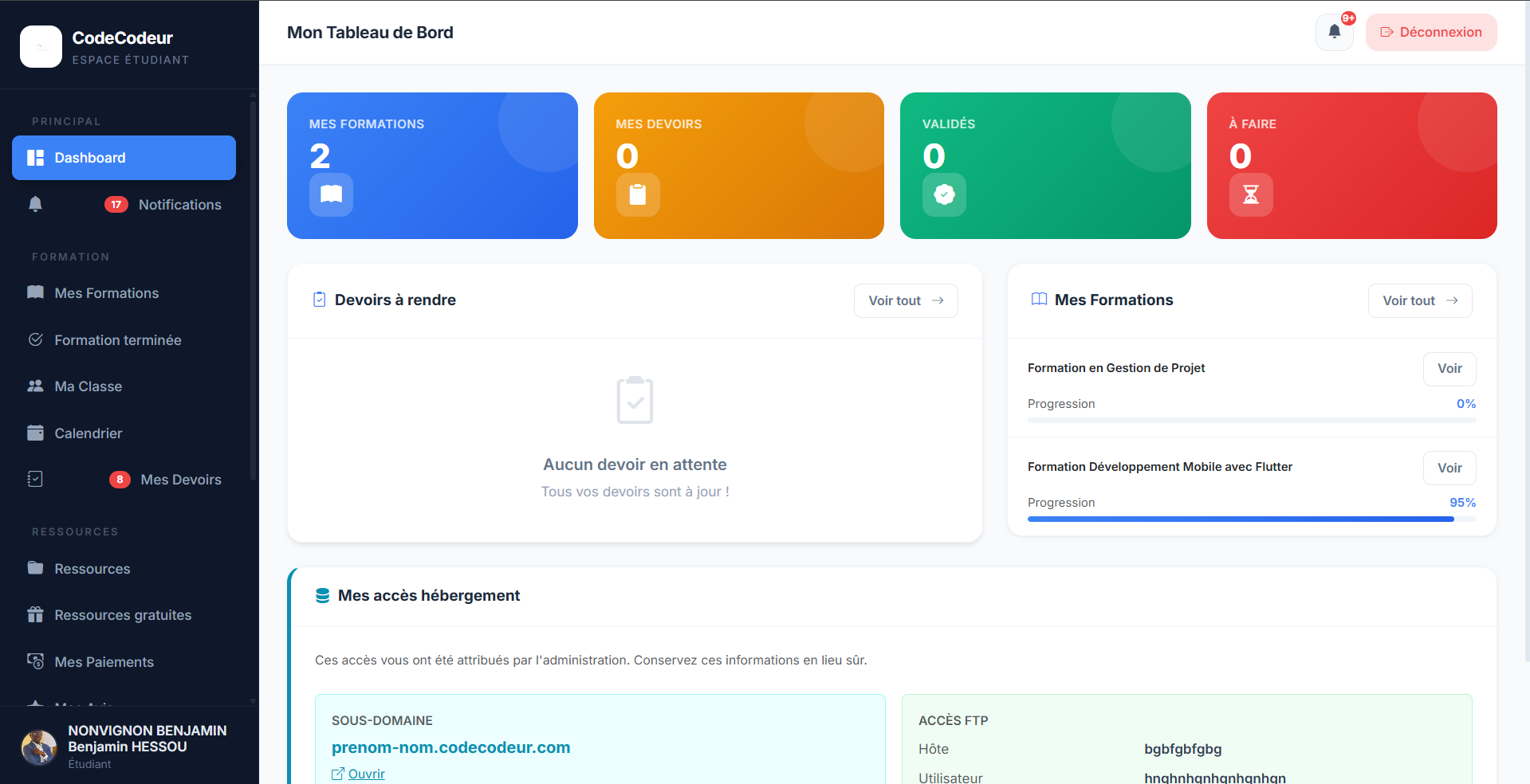 Aperçu de l'espace apprenant CodeCodeur