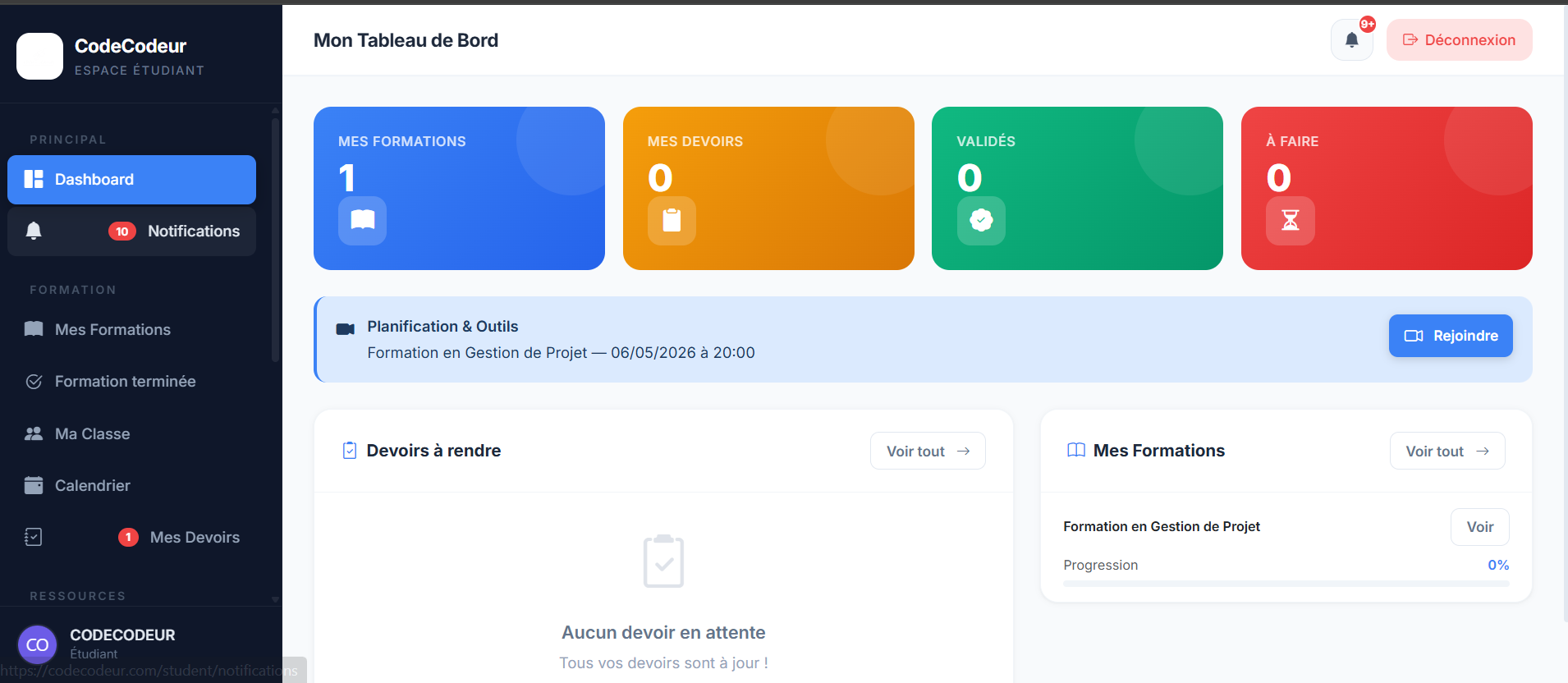 Aperçu de l'espace apprenant CodeCodeur